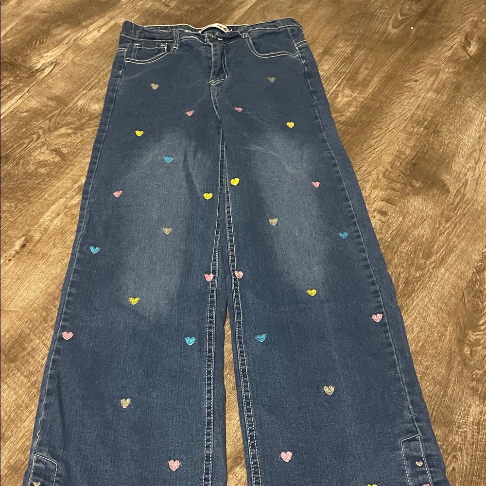 Embroidered Heart Dark Blue Kids Wide-Leg Jeans